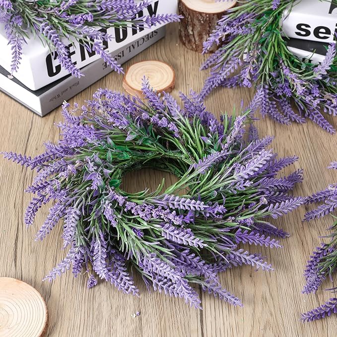 6 Pcs Lavender Candle Ring Pillar Wreaths Mini Purple Wreath Table Centerpieces 9 Inch Wreath for Cabinets Artificial Farmhouse Lavender Wreaths for Front Door Porch Wall Window