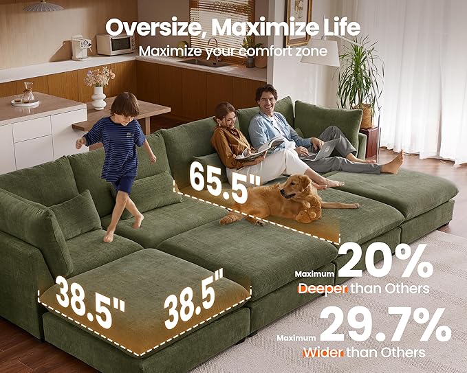 Oversized Modular Sofa, Extra Deep Cloud Corduroy Sectional Couch with Ottoman Chaise, Fluffy Chenille L-Shaped Sofas for Living Room, Villa (Loveseat+Ottoman, Chenille Green)