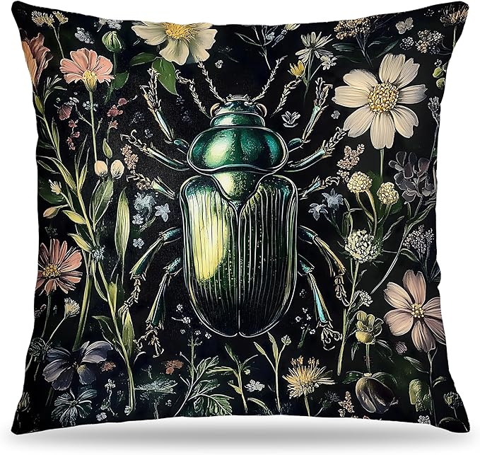 William Morris Inspired Floral Green Beetle Pillow Covers 18x18, Dark Cottagecore Botanical Wildflower Insect Decorative Throw Pillow Covers for Bedroom Living Room Home, Cottagecore Room Decor
