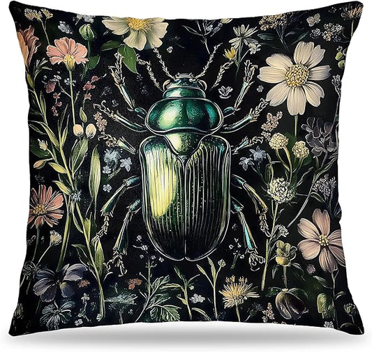 William Morris Inspired Floral Green Beetle Pillow Covers 18x18, Dark Cottagecore Botanical Wildflower Insect Decorative Throw Pillow Covers for Bedroom Living Room Home, Cottagecore Room Decor