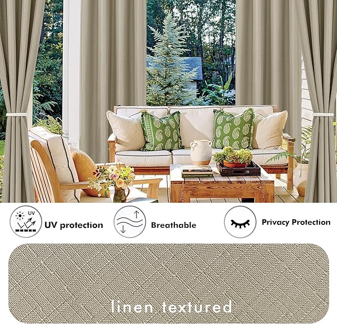 HolidayIdeas 4 Panels Linen Outdoor Curtains for Patio Waterproof Taupe Outside Curtains 54"x120"-Gazebo Curtains Weighted Weatherproof, Privacy for Pergola, Porch, Cabana, Living Room