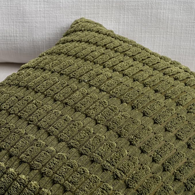 Fancy Homi 4 Packs Boho Moss Green Decorative Throw Pillow Covers 14x14 Inch for Couch Bed Sofa, Rustic Modern Farmhouse Home Decor, Soft Plush Corduroy Cute Square Cushion Case 35x35 cm