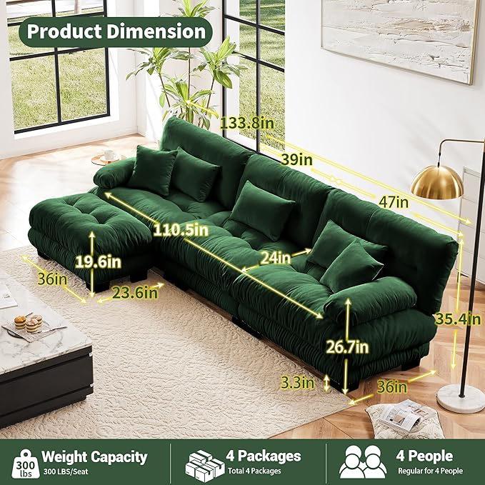 Modular Sectional Sofa, Comfy Cloud Couch 3 Seater Couch with Ottoman, Sectional Couches for Living Room, Modern Chenille L Shaped Couches, Sleeper Deep Seat Sofa with Throw Pillows, Green