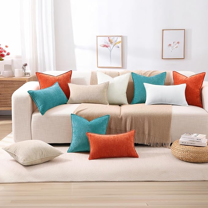decorUhome Couch Throw Pillow Covers 12x20 Set of 2, Decorative Soft Euro Neutral Chenille Lumbar Pillow Covers with Elegant Design for Sofa Bed Living Room Home Decor, Teal