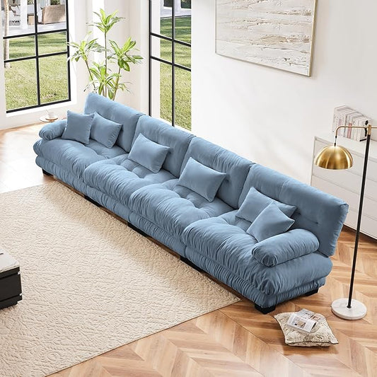 Modular Sectional Sofa, Comfy Cloud Couch 4 Seater Couch, Sectional Couches for Living Room, Modern Chenille Oversized Couches for Bedroom, Sleeper Deep Seat Sofa with Throw Pillows, Blue