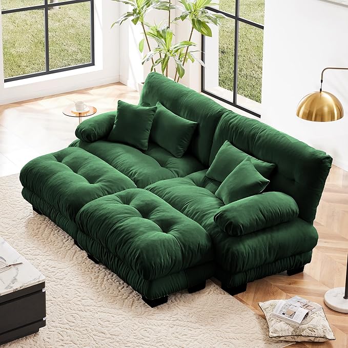 Modular Sectional Sofa, Cloud Couch U Shaped Sectional Couches for Living Room, Green Couch Oversized Loveseat with Movable Ottoman, Modern Deep Seat Sofa with Throw Pillows, Chenille