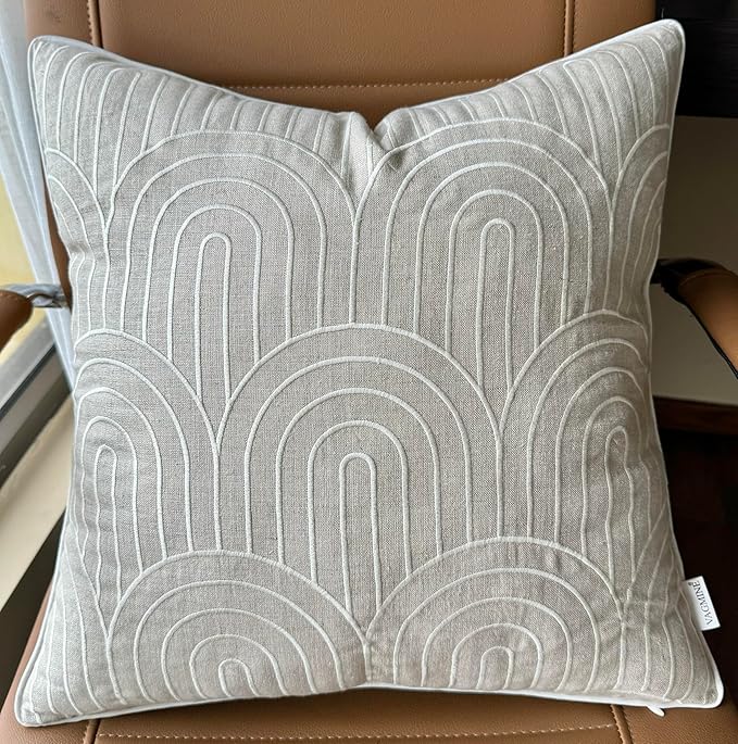 VAGMINE Embroidered Geometric Throw Pillow Cover - 18x18 Inches Square - 100% Linen Natural Decorative Cushion Cover - Elegant Embroidery - Minimalist Accent for Sofa, Bed, Couch, Farmhouse Décor