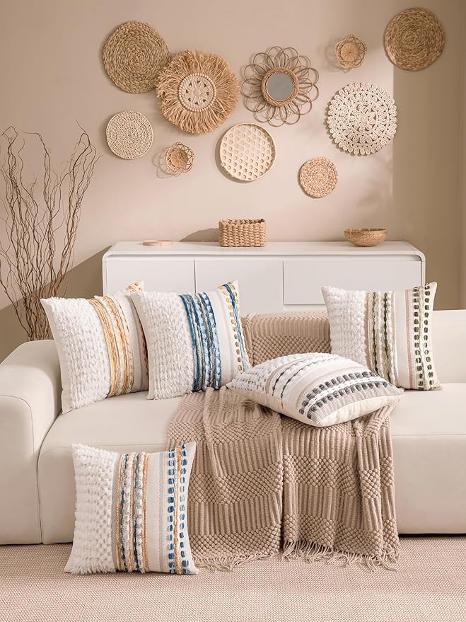 Boho Chenille Tufted Couch Throw Pillow Covers 18x18 Inch Set of 2 Farmhouse Striped Decorative Pillow Covers Accent Neutral Pillowcase Caramel Brown Blue Cushion Cover for Livingroom Sofa Bed