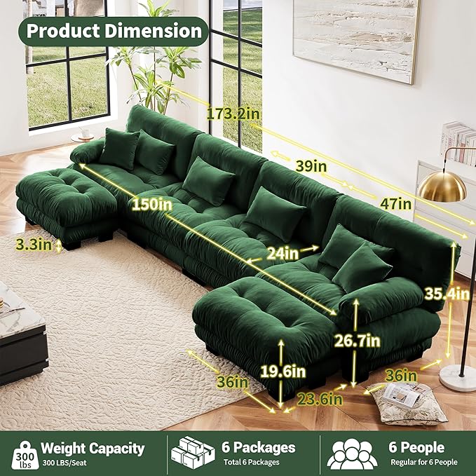 Modular Sectional Sofa, Comfy Cloud Couch 4 Seater Couch with Ottoman, Sectional Couches for Living Room, Modern Chenille U Shaped Couches, Sleeper Deep Seat Sofa with Throw Pillows, Green