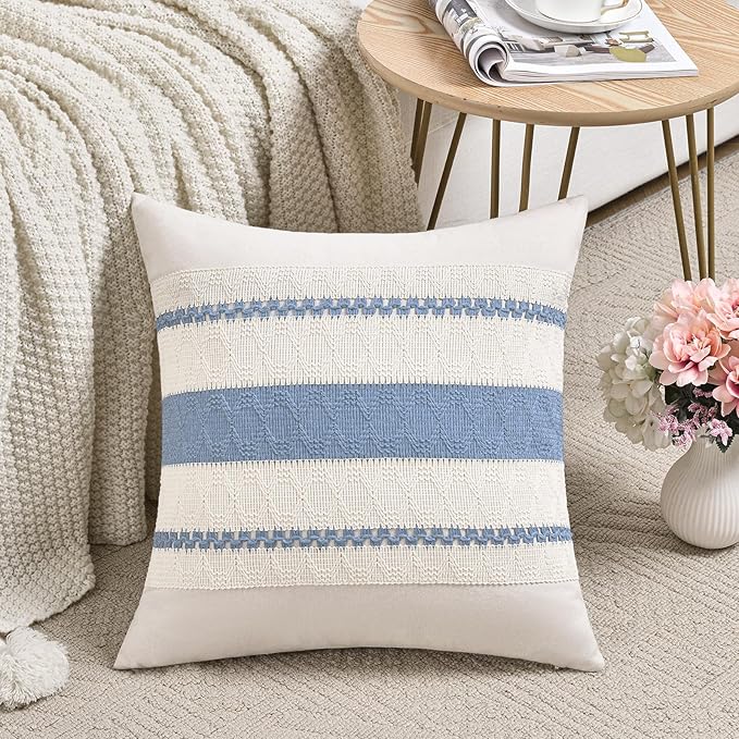 Fancy Homi Set of 2 Boho Light Blue Decorative Throw Pillow Cover 16x16 Inch for Couch Bed Sofa, Aesthetic Modern Organic Farmhouse Home Decor, Soft Cotton Cute Accent Macrame Woven Cushion Case