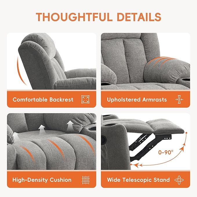 Rocker Swivel Recliner Chair for Adults, Overstuffed Large Manual Recliner Glider with Massage and Heat, Comfy Soft Fabric Living Room Reclining Sofa Chair(Lime Gray)