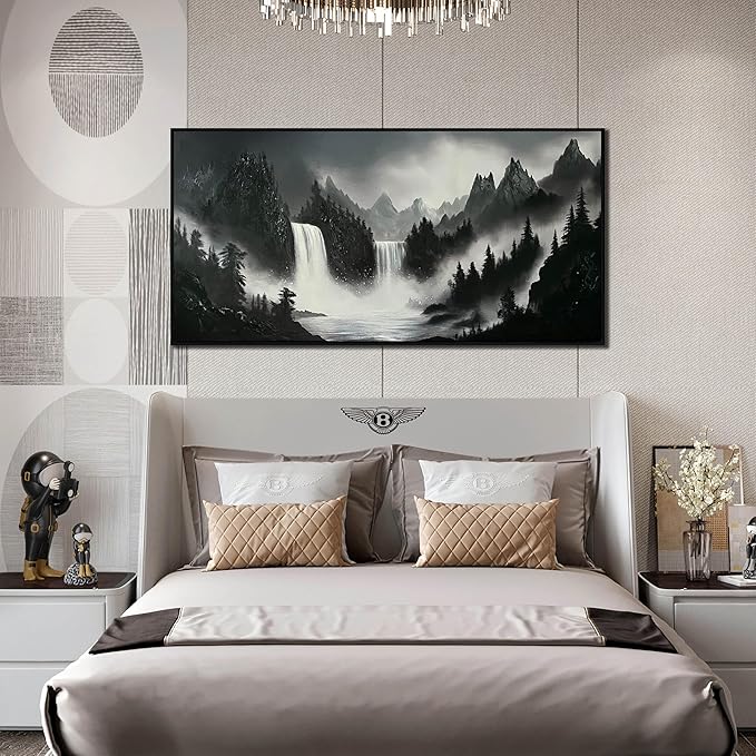 Hand Painted Mountains Painting for Living Room - Waterfall Canvas Wall Art for Office - Large Framed Wall Art Bedroom Size 29" x 59"