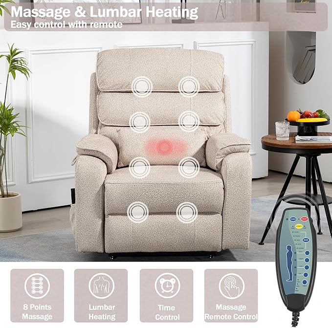 Power Lift Recliner Chair for Adults Elderly Lay Flat Velvet Recliners with Massage Heating, Extended Footrest, Wireless Charging Device, USB Ports, Cup Holder, Lumbar Pillow