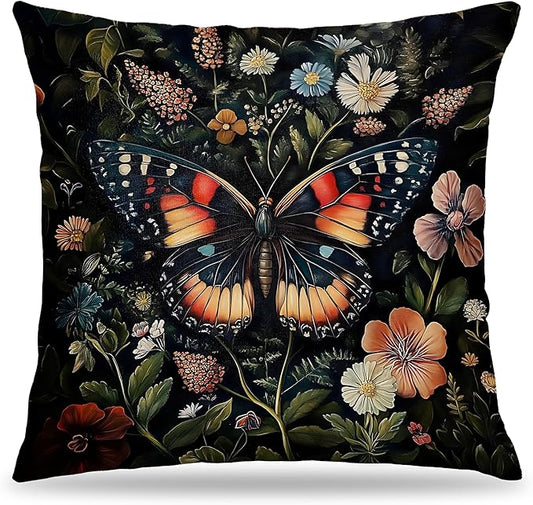 Gorgeous Butterfly Floral Pillow Covers 18x18, Dark Cottagecore Wildflower Botanical Moth Decorative Throw Pillow Covers for Bedroom Living Room Home, Butterfly Room Decor