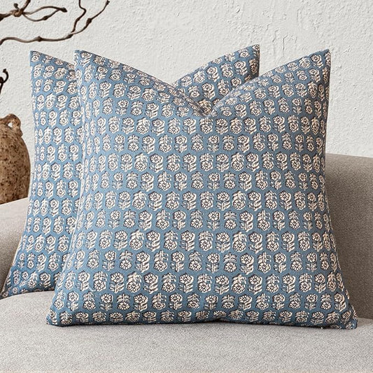 Foindtower Set of 2 Decorative Neutral Floral Print Throw Pillow Covers Vintage Accent Farmhouse Cushion Covers Boho Home Decor for Sofa Couch Chair Bedroom Living Room,22×22 Inch,Dusty Blue