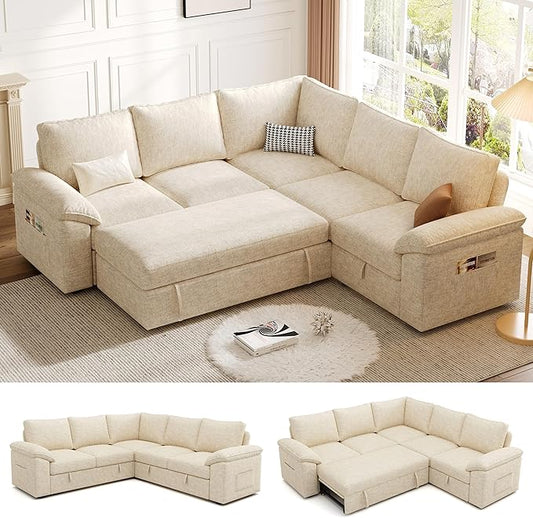 85 Inch Sectional Sleeper Sofa with Pull Out Bed,L Shaped 5 Seat Modular Sectional Sofa with Storage,Sectional Couches for Living Room,Cloud Modular Couch,Removable Sofa Cover,Beige