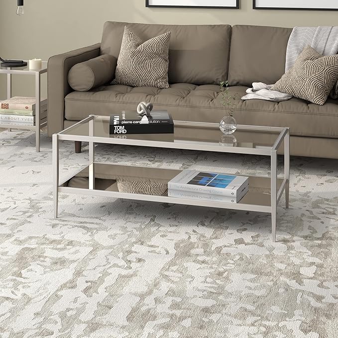 Henn&Hart 45" Wide Rectangular Coffee Table with Mirror Shelf in Satin Nickel, Coffee Table coffee tables for living room, studio apartment essentials