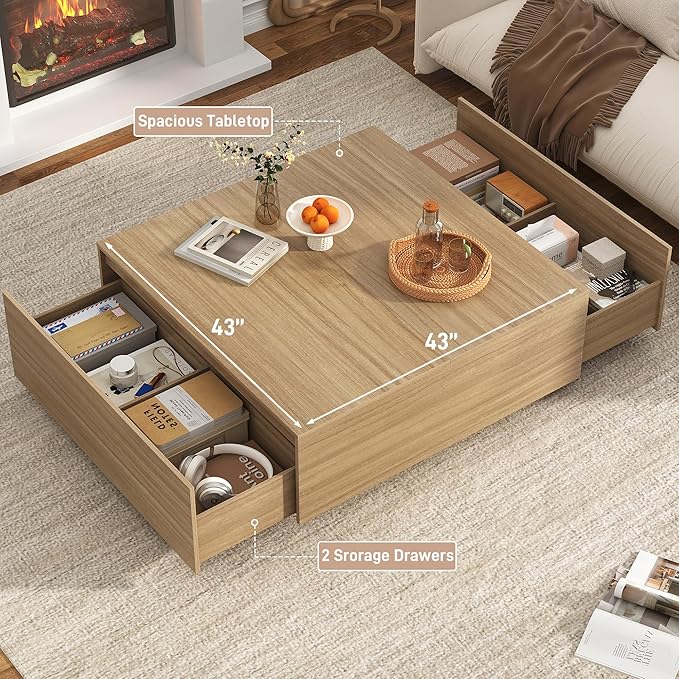 43” Square Coffee Table with Storage, 43" D x 43" W x 17" H Modern Large Square Center Table with 2 Drawers, Wood Coffee Table for Living Room, Light Brown,Bedroom,Light Brown