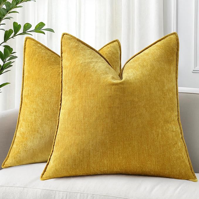 decorUhome Couch Throw Pillow Covers 26x26 Set of 2, Decorative Soft Euro Neutral Chenille Pillow Covers with Elegant Design for Sofa Bed Living Room Home Decor, Mineral Yellow