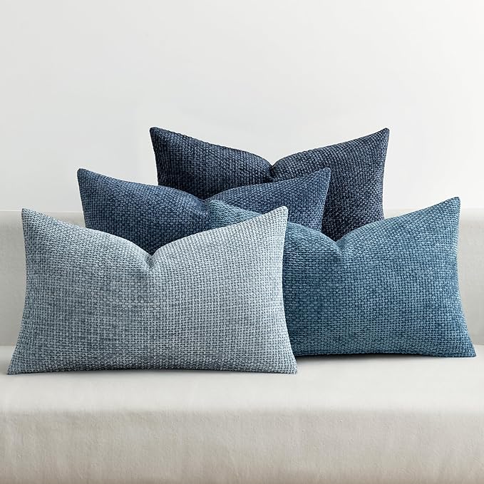 MIULEE Pack of 4 Couch Throw Pillow Covers 12x20 Inch Neutral Blue Soft Decorative Chenille Pillow Covers Farmhouse Accent Cushion Covers for Boho Western Home Coastal Decor Sofa Bedroom Living Room