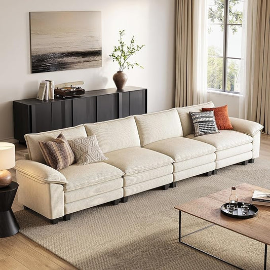 LINSY HOME Oversized Sectional Sofa - 157'' Oversized Corduroy Cloud Couch Deep Seat Modular Sofas Soft Modern Comfy Couches Furniture for Living Room Apartment Office, Beige