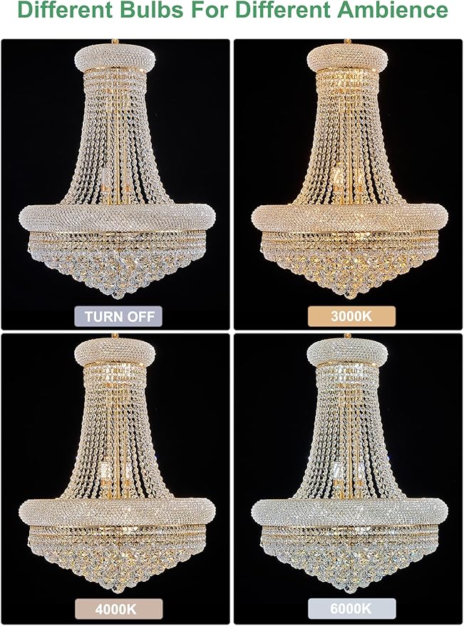 14 - Light Unique Empire Crystal Chandelier with Adjustable Chain for High Ceiling Foyer Entryway Living Room Dining Room Bedroom Gold Finish