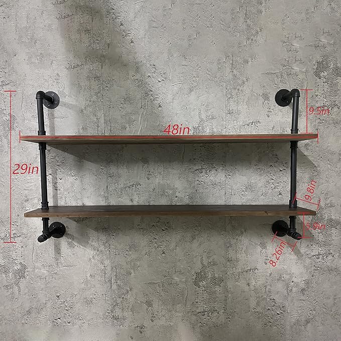 ROGMARS Industrial Pipe Shelves Shelving 48 inch with Solid Wood Planks Farmhouse Pipe Book Shelves Wall Mounted,Industrial Floating Shelves Bar Shelving Rustic Shelves 2 Tier for Kitchen,Living Room