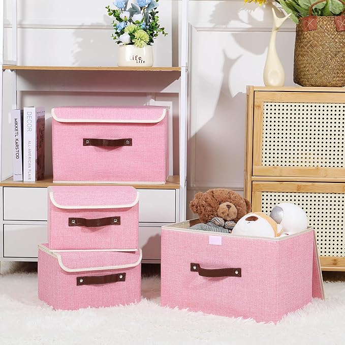 ANMINY 4PCS Storage Bins with Lid PU Leather Handles Storage Boxes PP Plastic Board Decorative Foldable Lidded Cotton Linen Fabric Home Cubes Baskets Closet Organizer Containers - Pink, Large Size