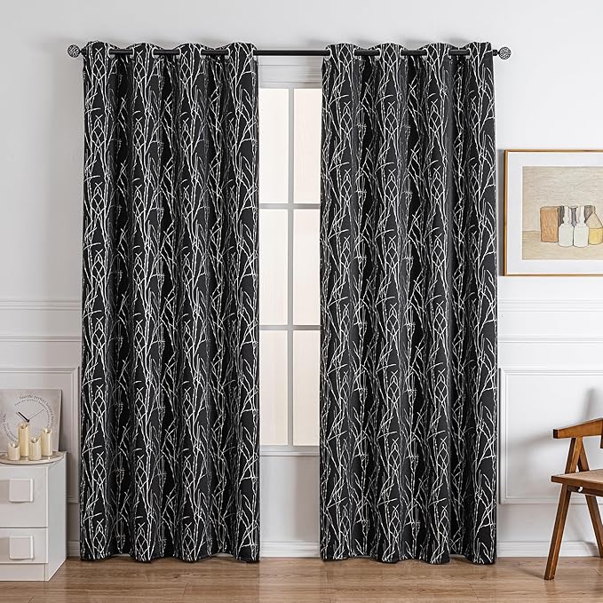 Grommets Blackout Long Window Curtains Black Silver-52W*95L 2PCS Drapes for Bedroom