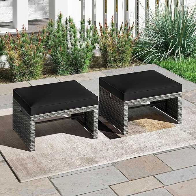 Tangkula 2 Pieces Patio PE Rattan Ottomans, Multipurpose Outdoor Footstool Footrest Additional Seating Side Table with Soft Zippered Cushions for Deck, Garden, and Yard (Black)