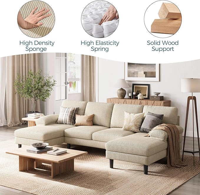 LINSY HOME Sectional Couch, 111'' W Corduroy U Shaped Sofa with Sleepable Armrests, 4 Seat Couch with Double Chaises, Deep Seat Sofa for Living Room, Beige