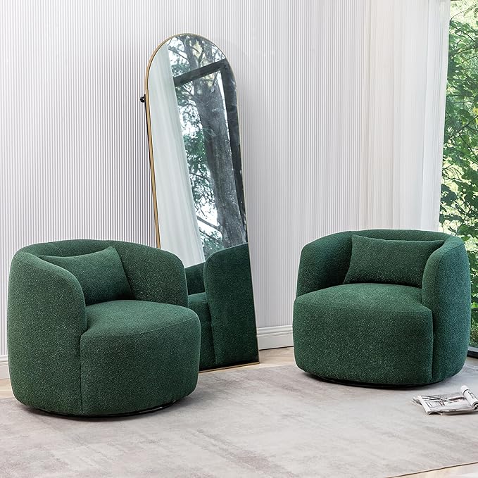 KINWELL 34" Wide Boucle Swivel Barrel Chairs Set of 2, No Assembly Round Upholstered Armchairs Accent Chairs Single Sofa Chair with Toss Pillow for Living Room and Bedroom, Green