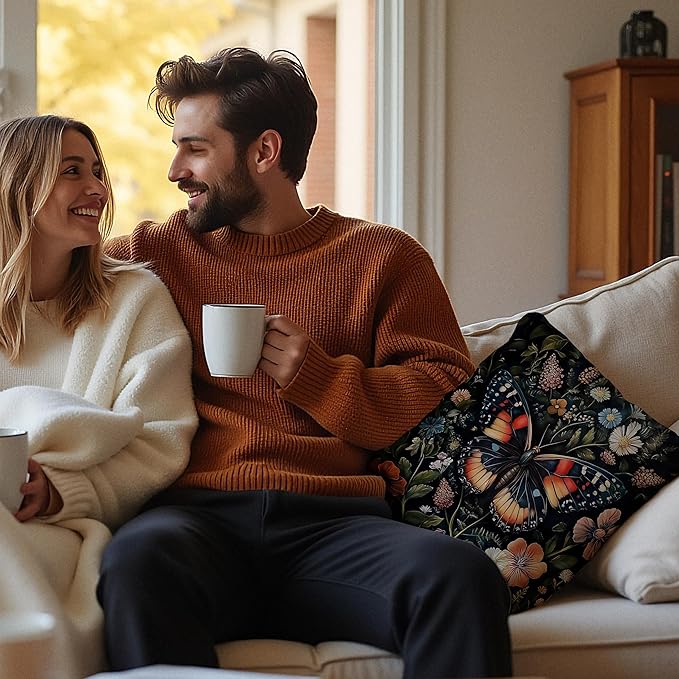 Gorgeous Butterfly Floral Pillow Covers 18x18, Dark Cottagecore Wildflower Botanical Moth Decorative Throw Pillow Covers for Bedroom Living Room Home, Butterfly Room Decor