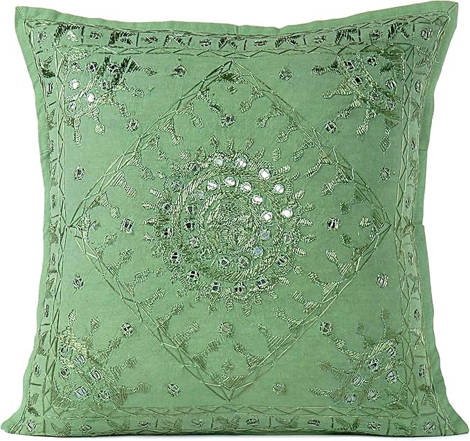Eyes of India Embroidered Decorative Boho Throw Pillow Cover with Mirrors, Handmade Bohemian Accent Cushion Case for Sofa Couch Bedroom Living Room (Green, 24" x 24")