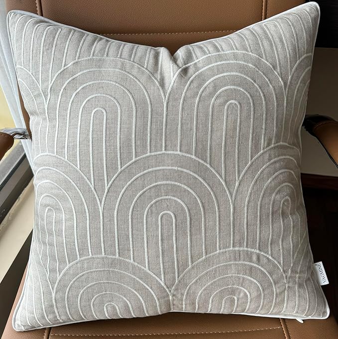 VAGMINE Embroidered Geometric Throw Pillow Cover - 18x18 Inches Square - 100% Linen Natural Decorative Cushion Cover - Elegant Embroidery - Minimalist Accent for Sofa, Bed, Couch, Farmhouse Décor