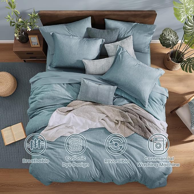 Monbix Queen Comforter Set - 7 Pieces Dusty Blue Cationic Dyeing Bed in a Bag Queen Bedding Sets with Sheets, Pillowcases & Shams, Reversible Bedding Comforters
