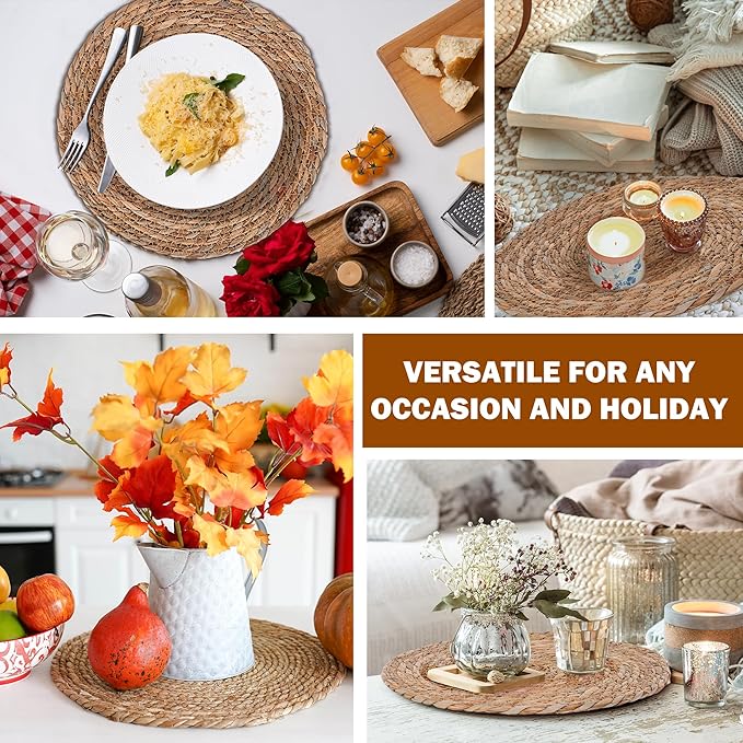 Defined Deco Woven Placemats Set of 6,12" Round Rattan Placemats,Natural Hand-Woven Water Hyacinth Placemats,Farmhouse Weave Place Mats,Rustic Braided Wicker Table Mats for Dining Table,Home,Wedding.