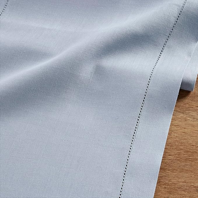 Solino Home Linen Dusty Blue Table Runner 48 Inches - Classic Hemstitch, 100% Pure Linen Coffee Table Runner 14 x 48 Inch Ideal for Dresser Tables - Fall, Autumn, Halloween, Thanksgiving