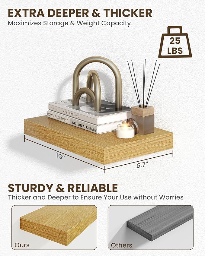 Marsmiles 16" Floating Shelves for Wall, Wooden Shelves with Invisible Brackets Set of 2, Rustic Farmhouse Wall Mounted Shelf for Kitchen Bathroom Living Room Study, Natural Oak