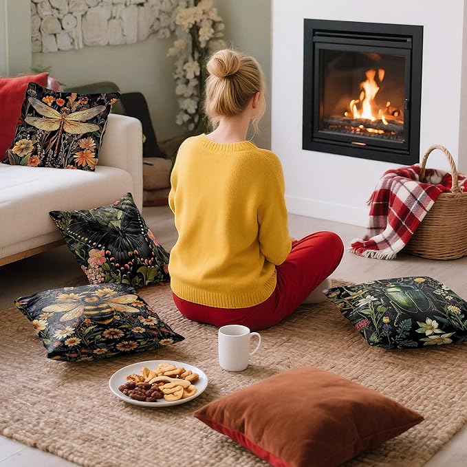 William Morris Inspired Dragonfly Bee Pillow Covers 18x18 Double-Sided Set of 4,Insect Gifts for Women,Vintage Dark Cottagecore Floral Botanical Insects Decorative Throw Pillow Covers for Home