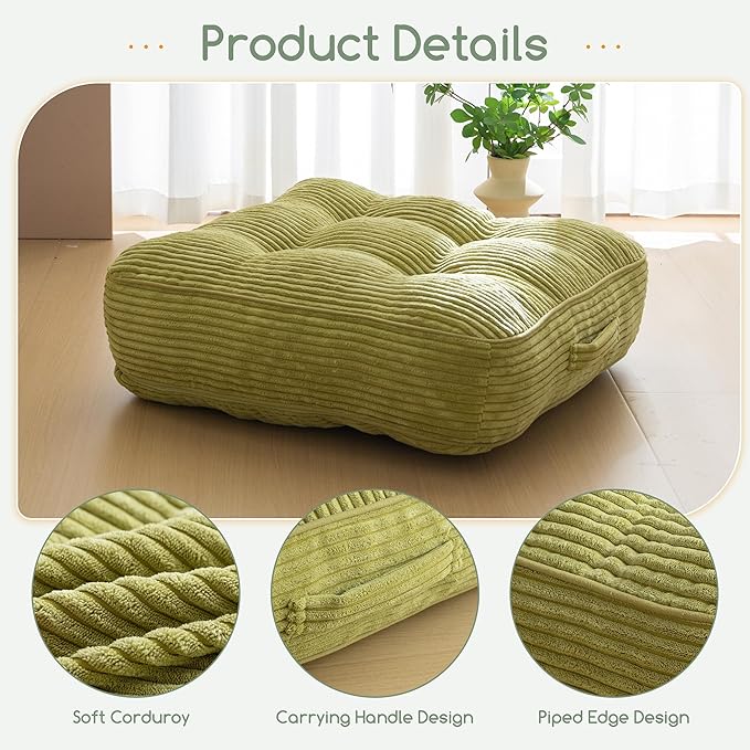 6" Washable Floor Pillow Cushion for Adults, Meditation Cushion Pillow, Large Square Floor Sitting, Removable Tufted Corduroy Cover, for Tatami Living Room or Yoga, 22x22 Inch, 2Pack, Machine Washable
