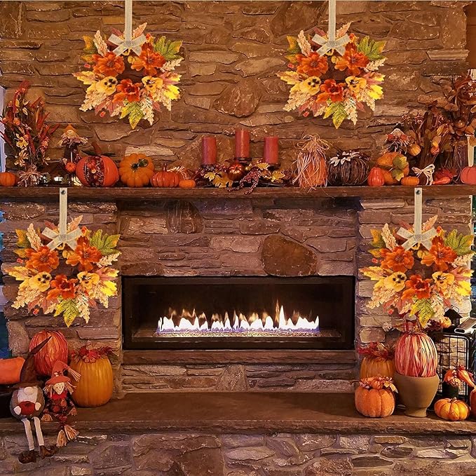 6 Pcs Fall Floral Swags Wreaths Mini Autumn Artificial Candle Rings Wreaths with Berries 3 inch Farmhouse Cabinets Hanging Wreath for Pillar Front Door Porch Wall Window Decoration