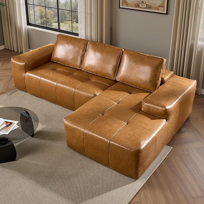 ovios Sectional Cloud Couch for Living Room, Modular Floor Sofa with Plush Corduroy, No Assembly Required, Big Comfy Couches Set with Fluffy Memory Foam, Stupendous U Shaped Sofas with Chaise, Brown
