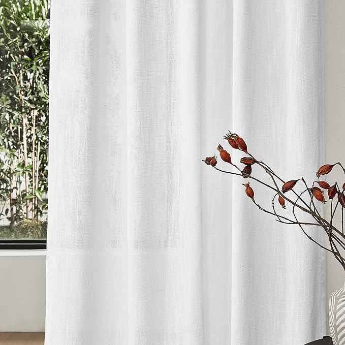 MYSKY HOME White Curtains 95 Inches Long Semi Sheer Drapes Light Filtering for Sliding Glass Door Window Treatments Soft Cotton Blend Panels Linen Look Farmhouse Style, 50" x 95", 2 Pieces