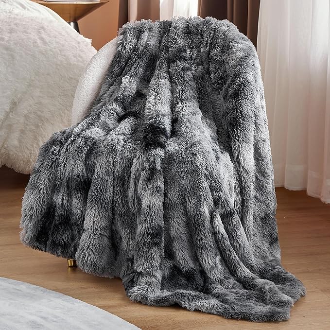 Bedsure GentleSoft Fuzzy Faux Fur Sherpa Fleece Blanket Twin Size, Plush Thick Warm Twin Blanket for Bed, College Dorm Essentials Gifts for Girls Boys, Tie Dye Grey Decor for Winter, 60x80