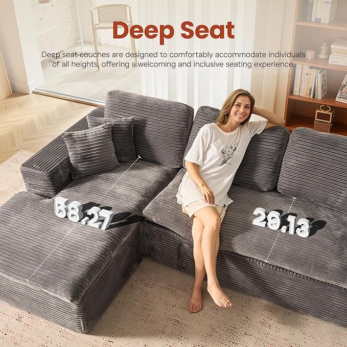 ovios 105” Modular Sectional Sofa with Thicken Seat Cushion, Cloud Couch with Deep Seat, Modern L-Shape Sofas Couches with Chaise,Upholstered Couches for Living Room Bedroom,Grey