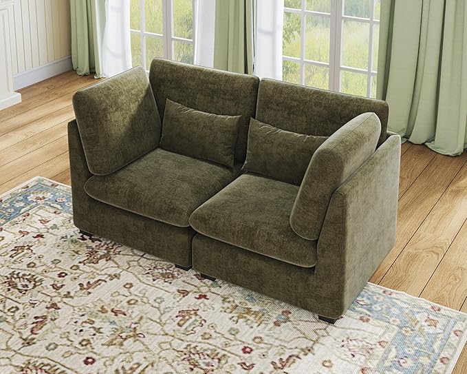 Oversized Modular Sofa, Extra Deep Cloud Chenille Sectional Couch with Ottoman Chaise, Fluffy Chenille 2 Seater Sofa Bed for Living Room, Villa (Loveseat Sofa, Chenille Green)