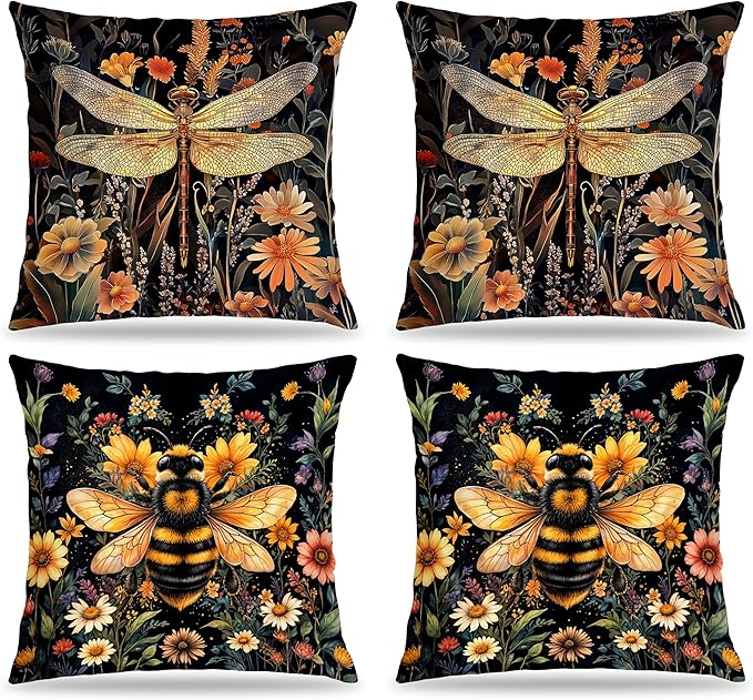 Vintage Dark Dragonfly Bee Pillow Covers 18x18 Double-Sided Set of 4,Moody Dark Cottagecore Wildflowers Floral Throw Pillow Covers for Couch Bed,Dragonfly Bee Gifts for Women,Cottagecore Decor