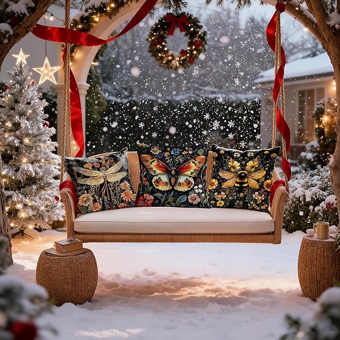 Vintage Dark Dragonfly Bee Butterfly Pillow Covers 18x18 Double-Sided Set of 3,Insect Gifts for Women,Vintage Dark Cottagecore Floral Botanical Insects Decorative Throw Pillow Covers for Home