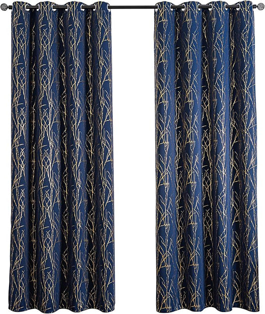 Grommets Blackout Long Window Curtains Navy Blue Gold-52W*95L 2PCS Drapes for Bedroom